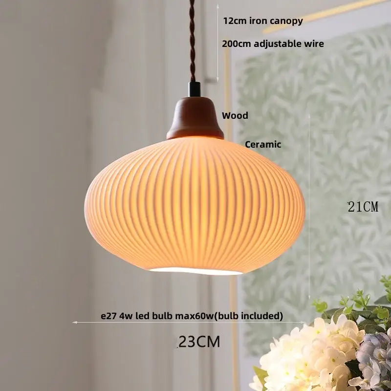 Vintage ribbed ceramic wood led pendant lights dining room set