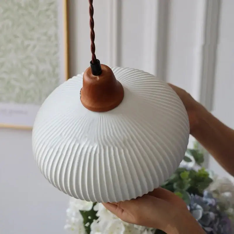 Vintage ribbed ceramic wood led pendant lights dining room set