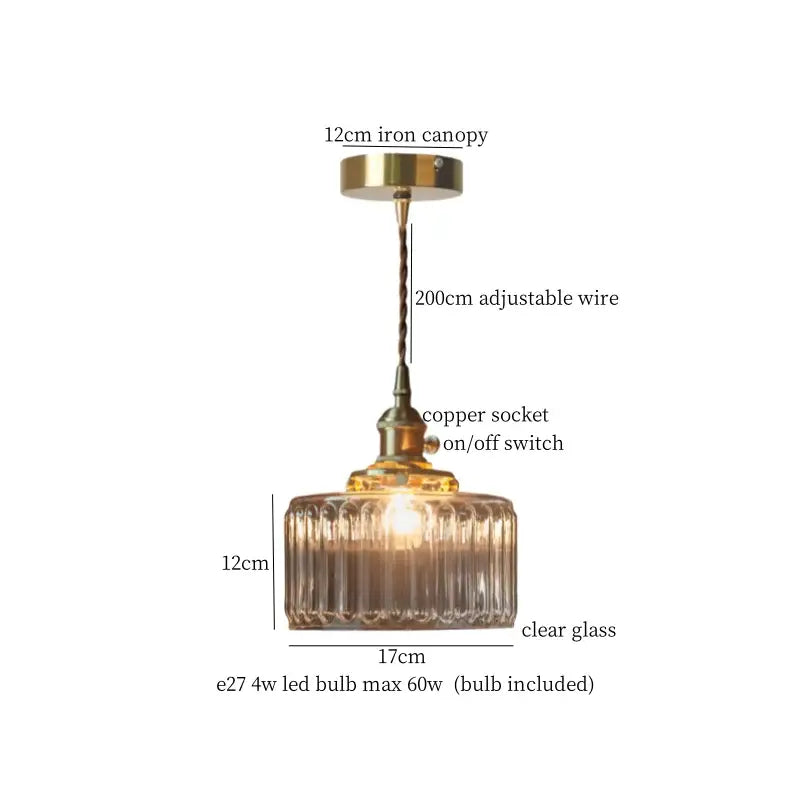 Vintage ribbed clear glass led pendant light kitchen brass fixture