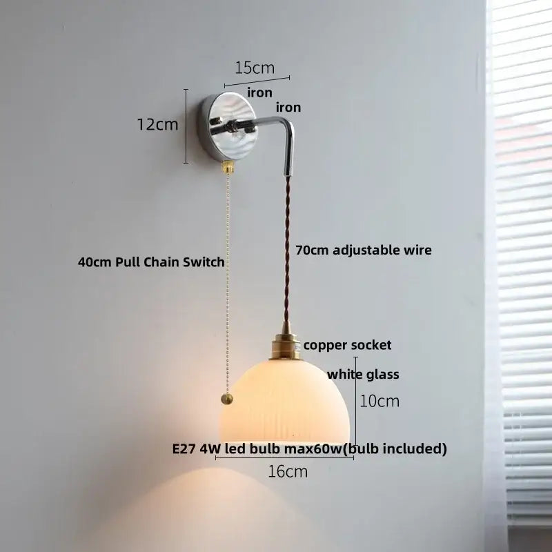 Vintage ribbed opal glass wall lamp bedroom ceramic canopy led