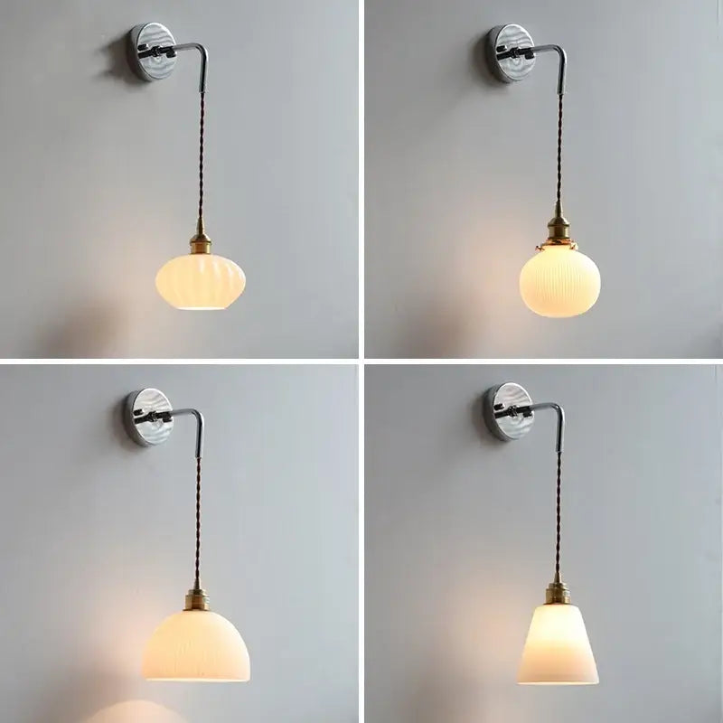 Vintage ribbed opal glass wall lamp bedroom ceramic canopy led