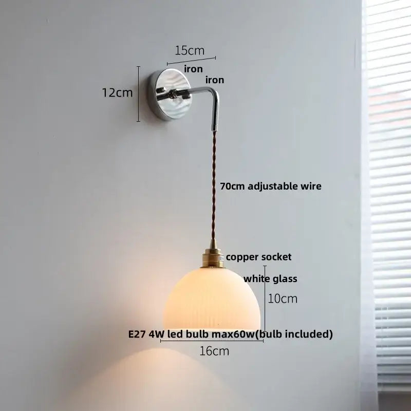 Vintage ribbed opal glass wall lamp bedroom ceramic canopy led