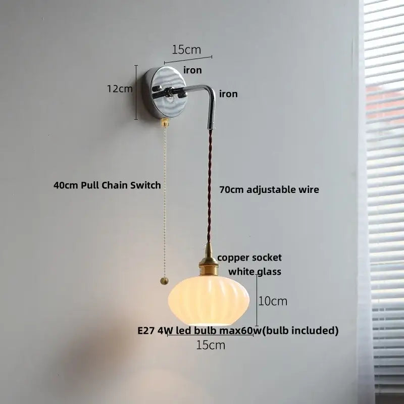Vintage ribbed opal glass wall lamp bedroom ceramic canopy led