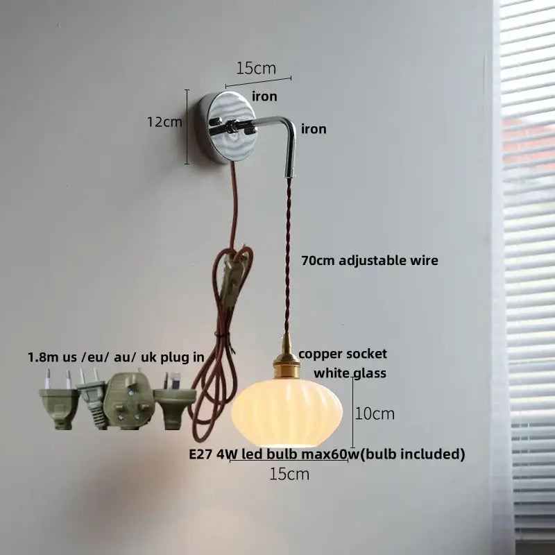 Vintage ribbed opal glass wall lamp bedroom ceramic canopy led