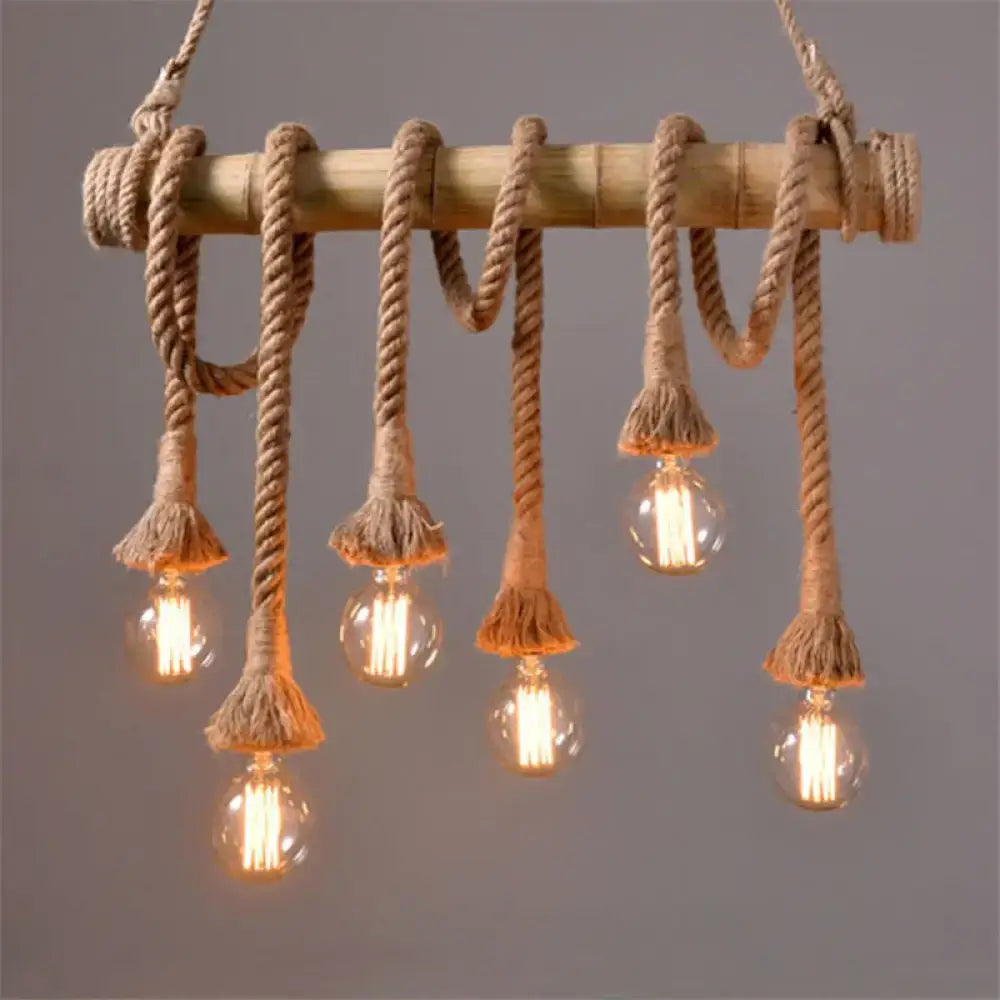 Vintage rope pendant light with bamboo rod – kitchen 110v-120v lamp