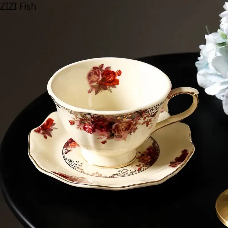 Vintage rose porcelain coffee mug with golden edge dining room set