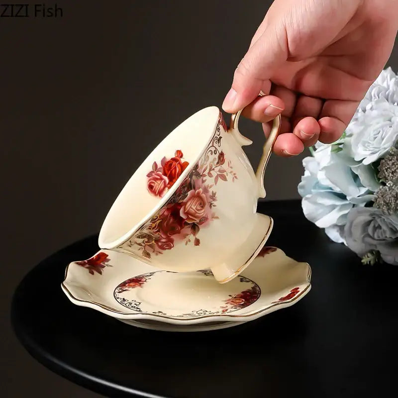 Vintage rose porcelain coffee mug with golden edge dining room set