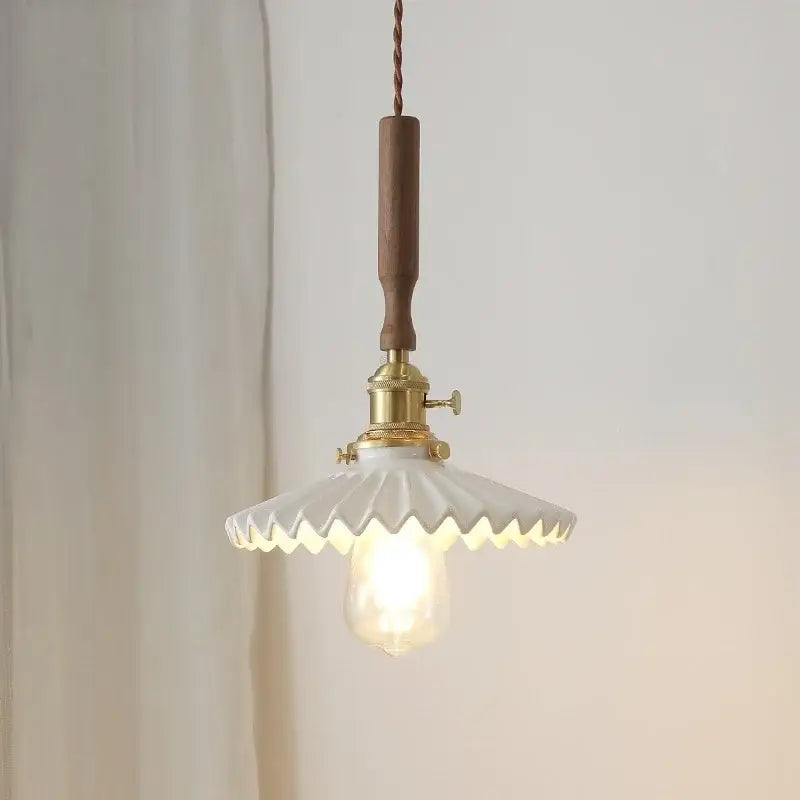 Vintage scalloped glass and walnut wood pendant light for dining room