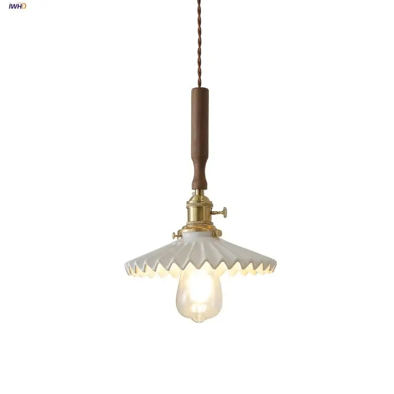 Vintage scalloped glass and walnut wood pendant light for dining room