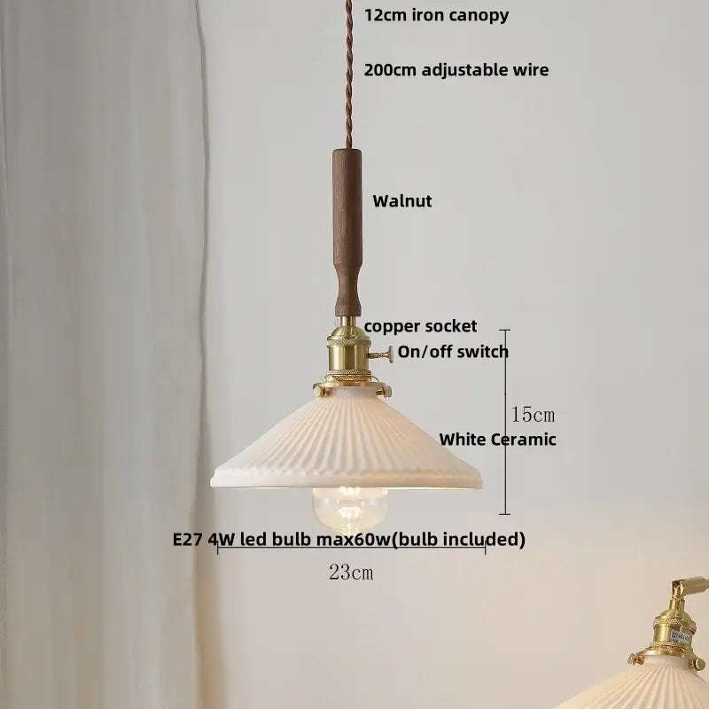 Vintage scalloped glass and walnut wood pendant light for dining room