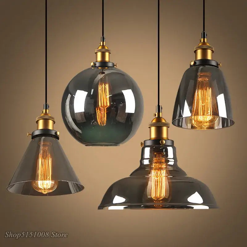 Vintage smoky grey glass pendant light set of 4 kitchen brass accents