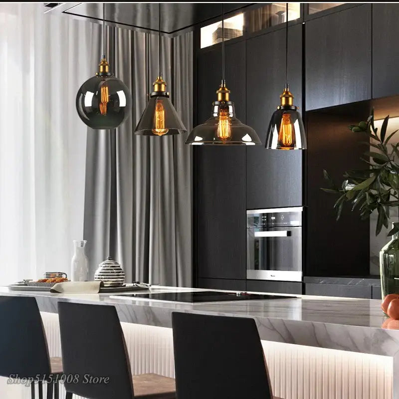 Vintage smoky grey glass pendant light set of 4 kitchen brass accents