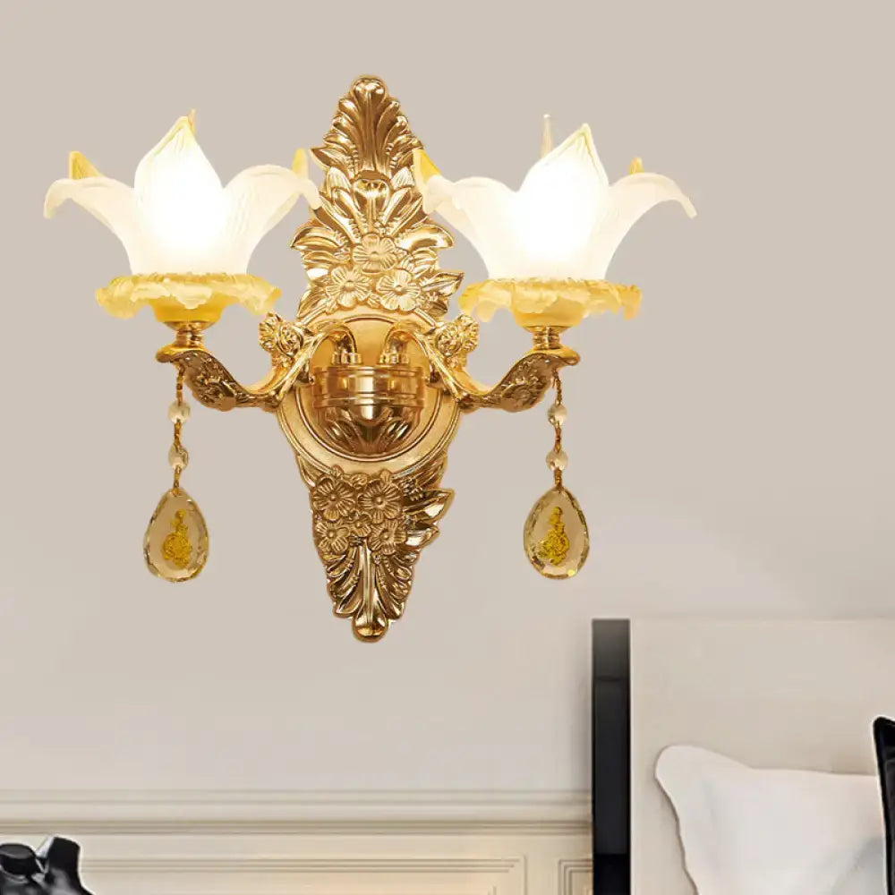 Vintage style gold opal glass wall light bedroom crystal sconce