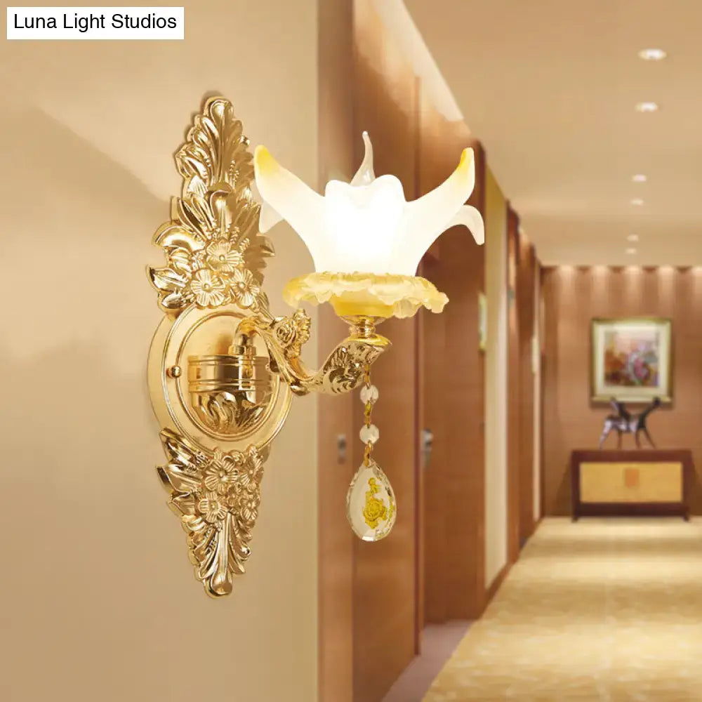 Vintage style gold opal glass wall light bedroom crystal sconce