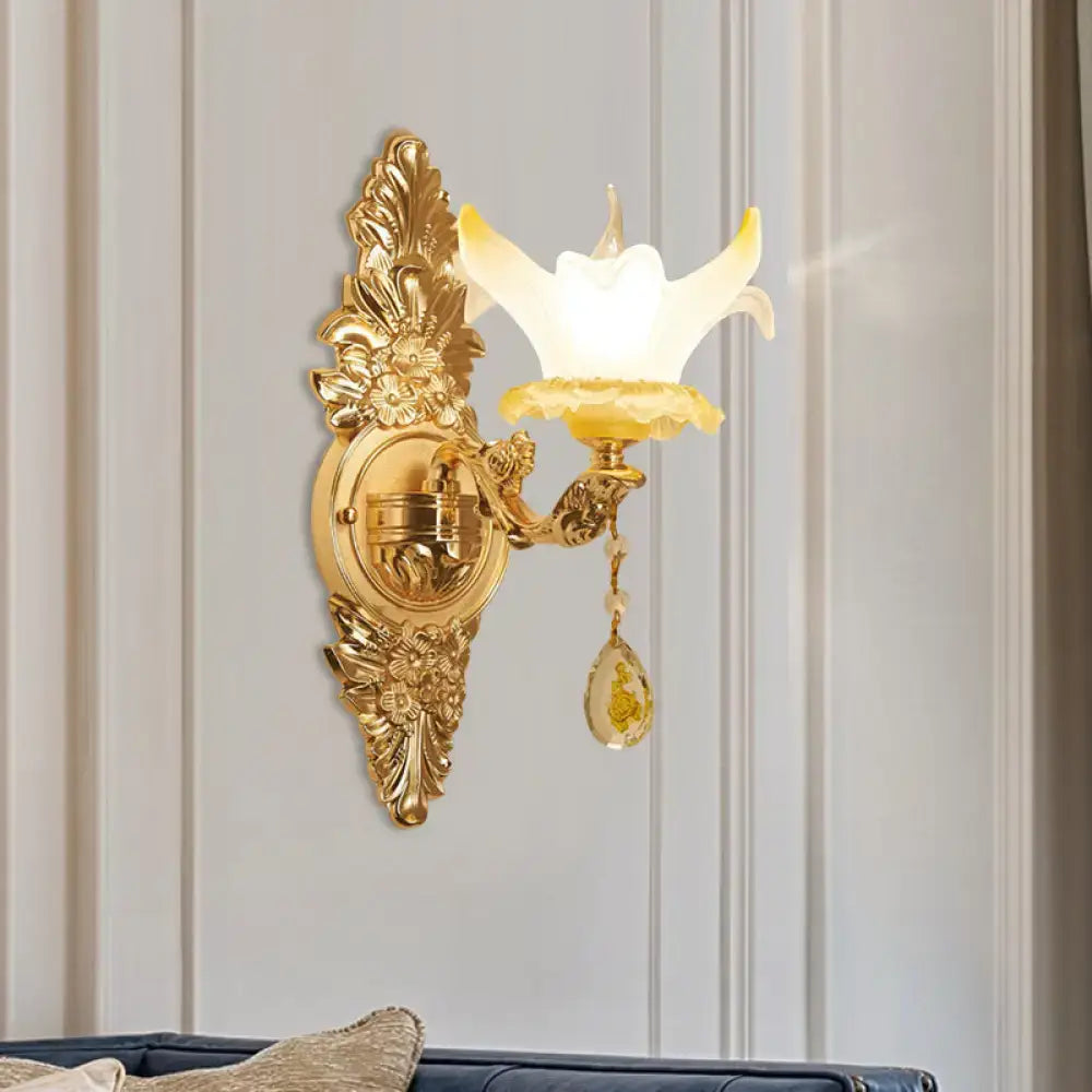 Vintage style gold opal glass wall light bedroom crystal sconce