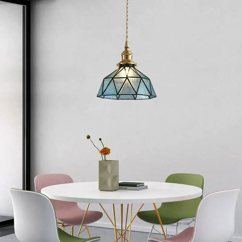 Vintage teal blue glass led pendant light kitchen brass fixture