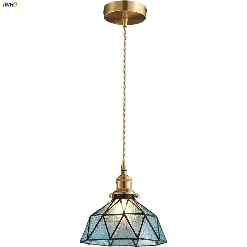 Vintage teal blue glass led pendant light kitchen brass fixture