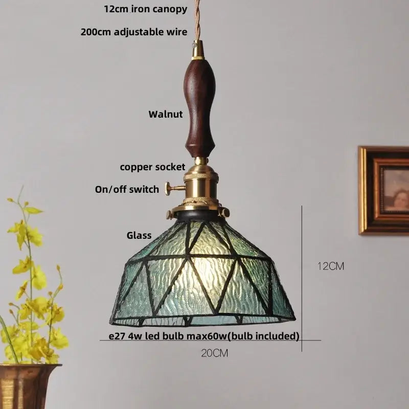Vintage teal blue glass led pendant light kitchen brass fixture