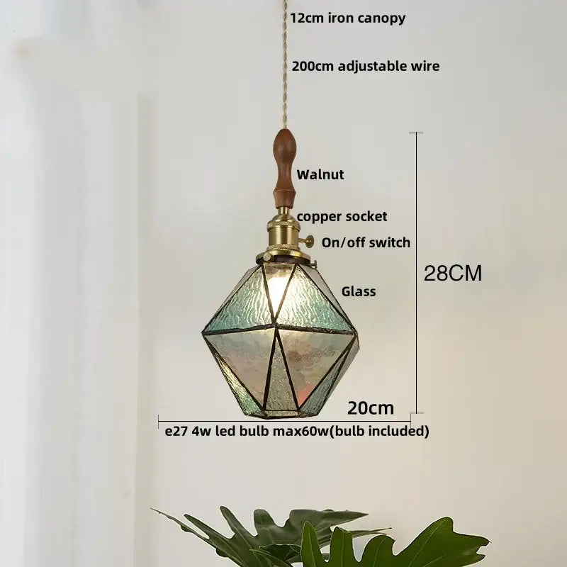 Vintage teal blue glass led pendant light kitchen brass hanging lamp