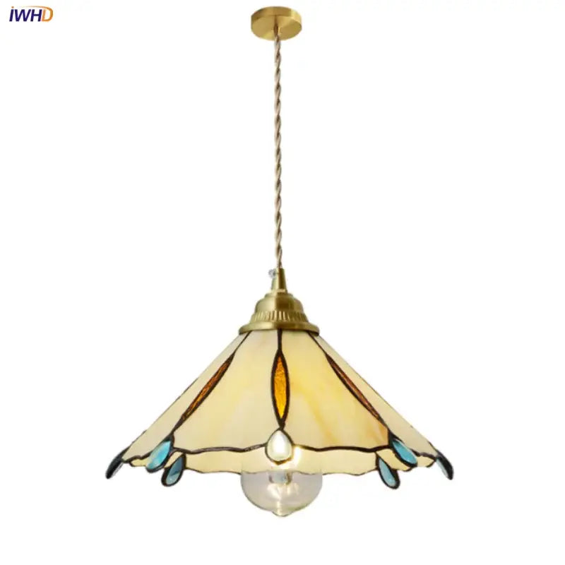 Vintage tiffany stained glass pendant lamp kitchen brass fixture