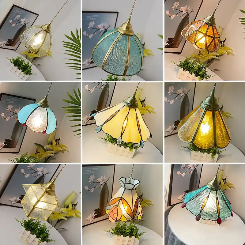 Vintage tiffany stained glass pendant lamp kitchen brass fixture