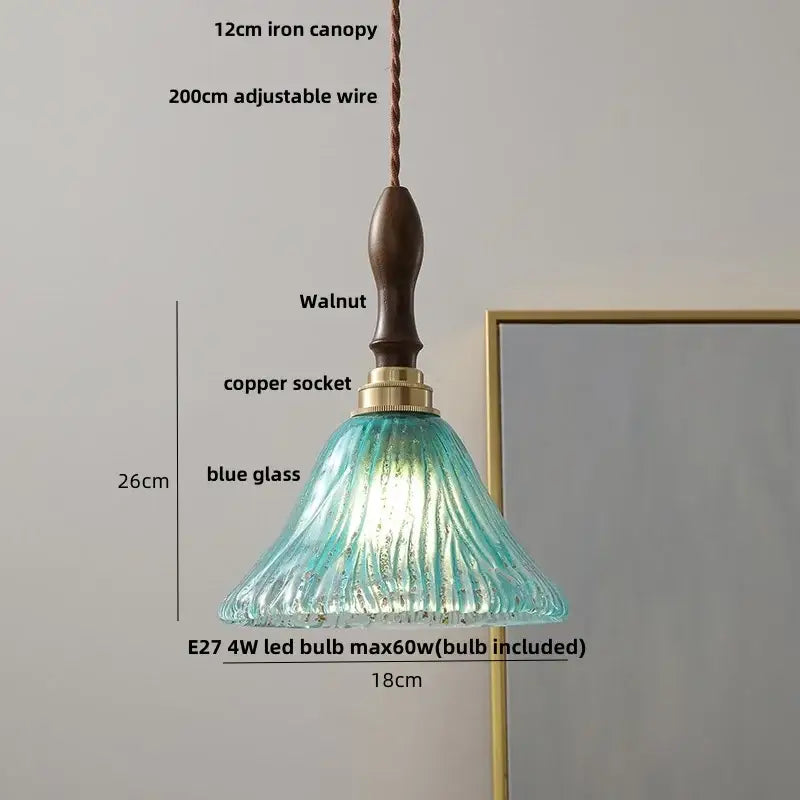 Vintage walnut & green glass led wood pendant light dining room
