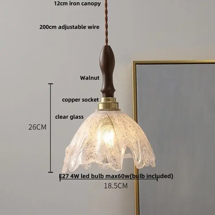 Vintage walnut & green glass led wood pendant light dining room