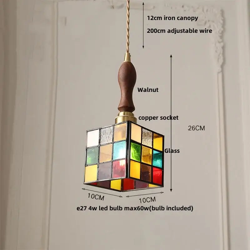 Vintage walnut & green glass led wood pendant light dining room