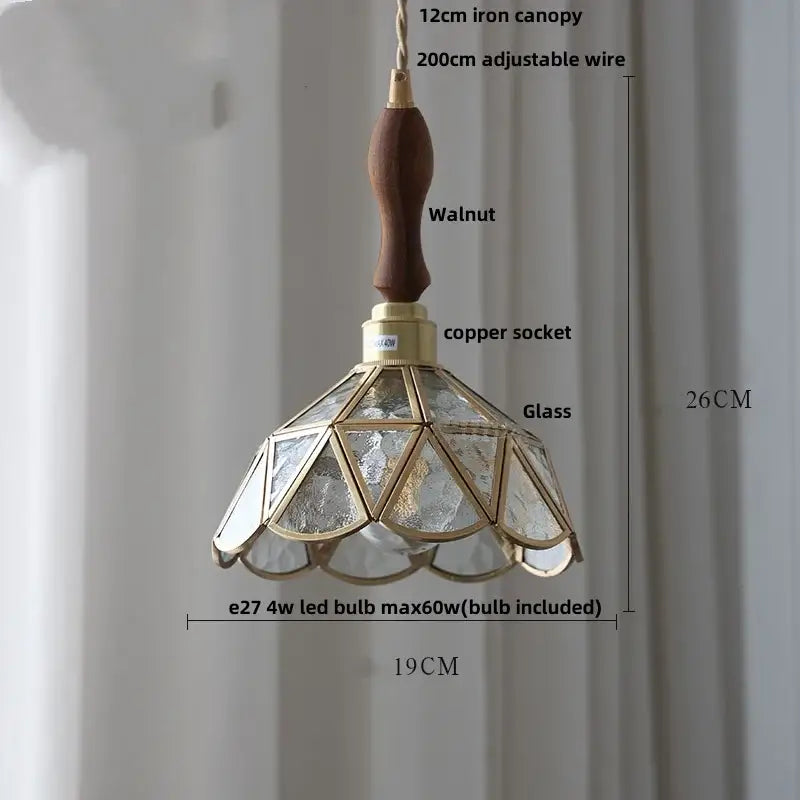 Vintage walnut & green glass led wood pendant light dining room