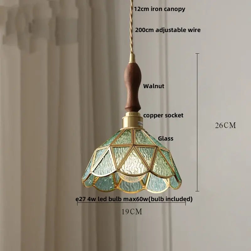 Vintage walnut & green glass led wood pendant light dining room