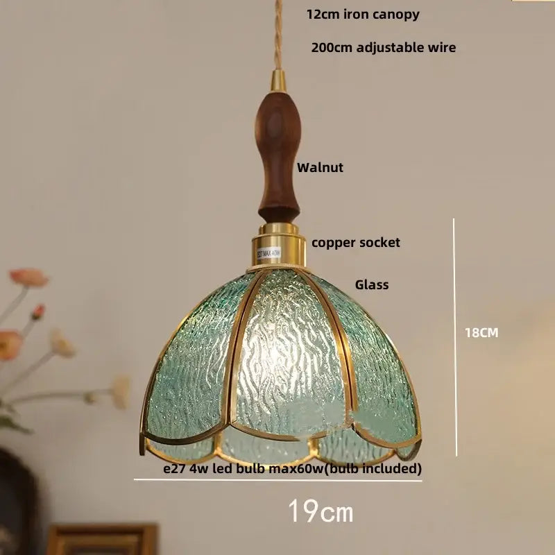 Vintage walnut & green glass led wood pendant light dining room