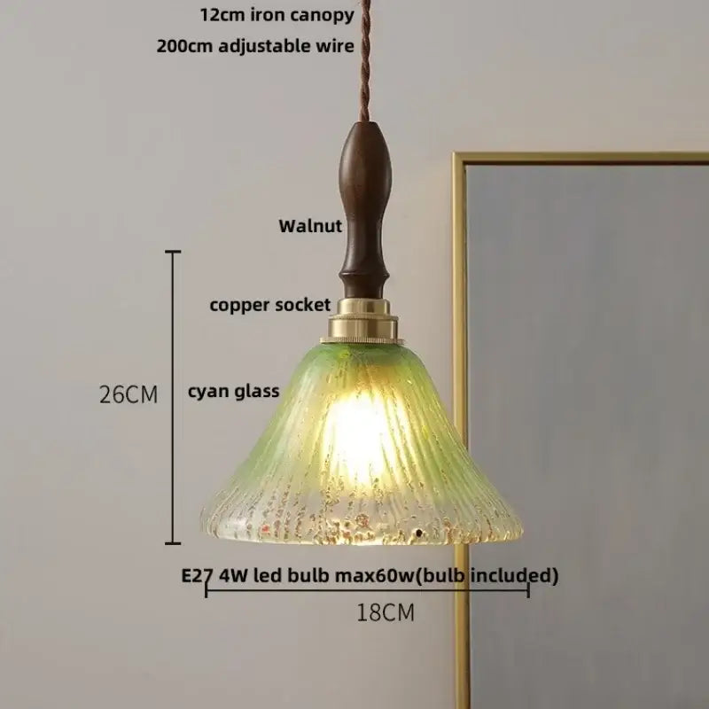 Vintage walnut & green glass led wood pendant light dining room