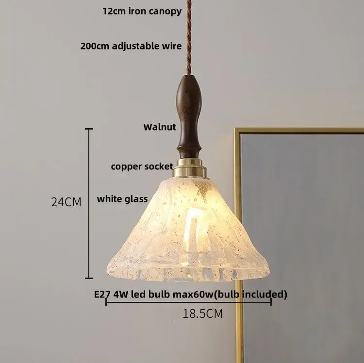 Vintage walnut & green glass led wood pendant light dining room
