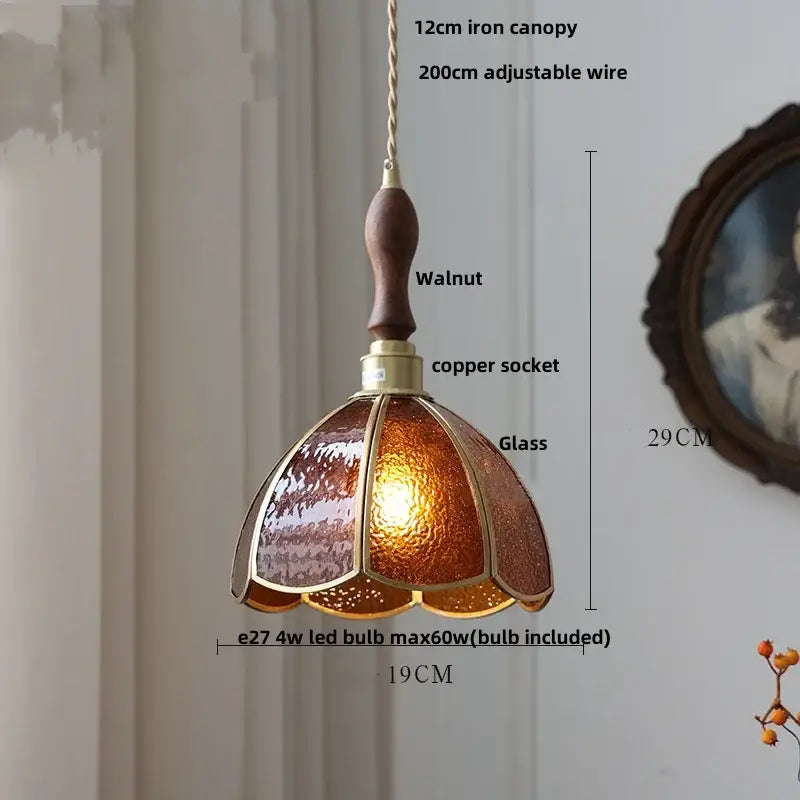 Vintage walnut & green glass led wood pendant light dining room