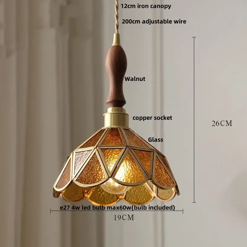 Vintage walnut & green glass led wood pendant light dining room