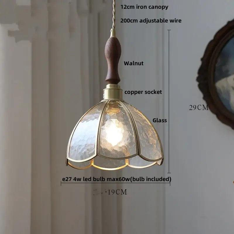 Vintage walnut & green glass led wood pendant light dining room