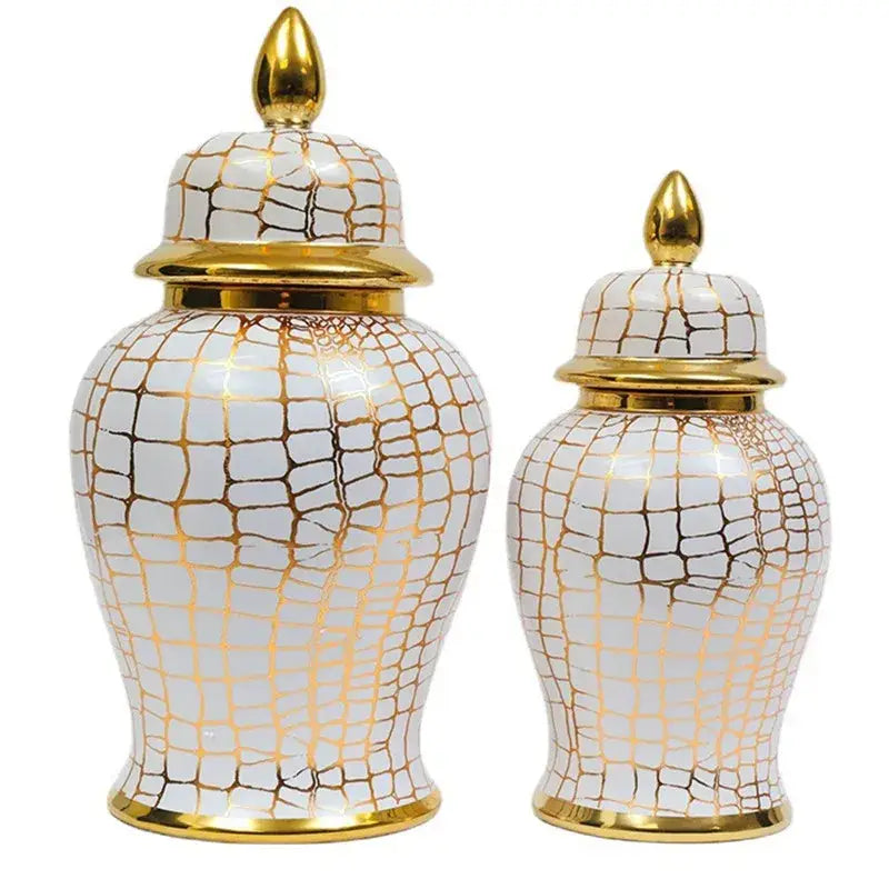 Vintage white and gold leopard print checkmate jar living room vase