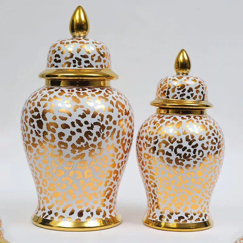 Vintage white and gold leopard print checkmate jar living room vase