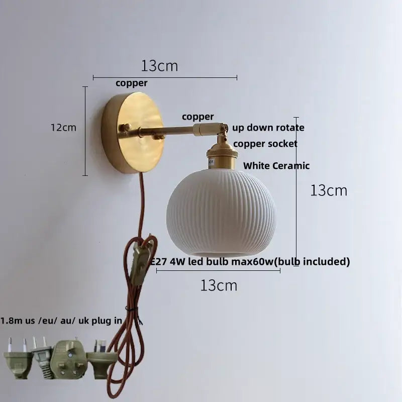 Vintage white ceramic and copper canopy led wall sconce bedroom light