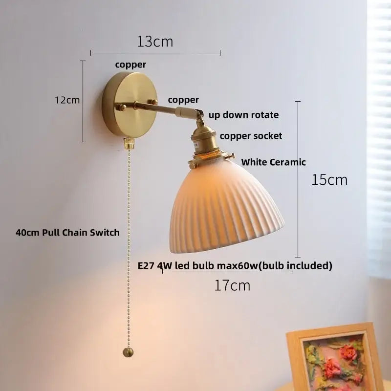 Vintage white ceramic and copper canopy led wall sconce bedroom light