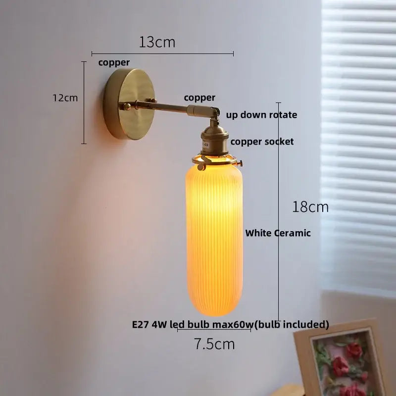 Vintage white ceramic and copper canopy led wall sconce bedroom light