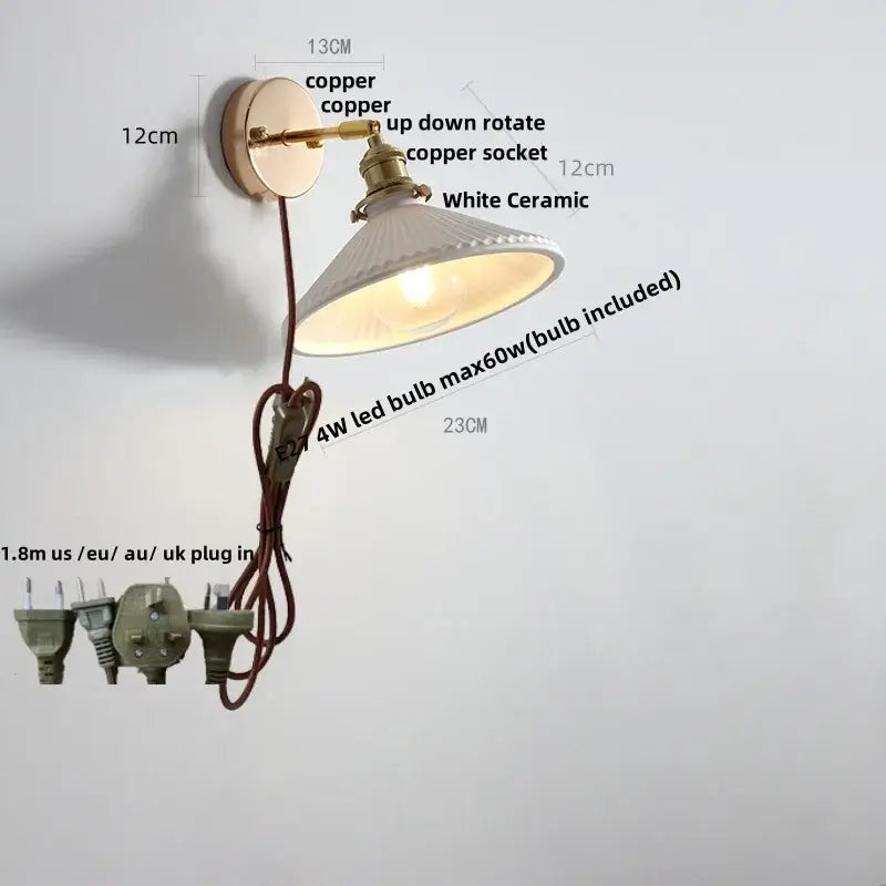 Vintage white ceramic canopy led wall sconce bedroom light