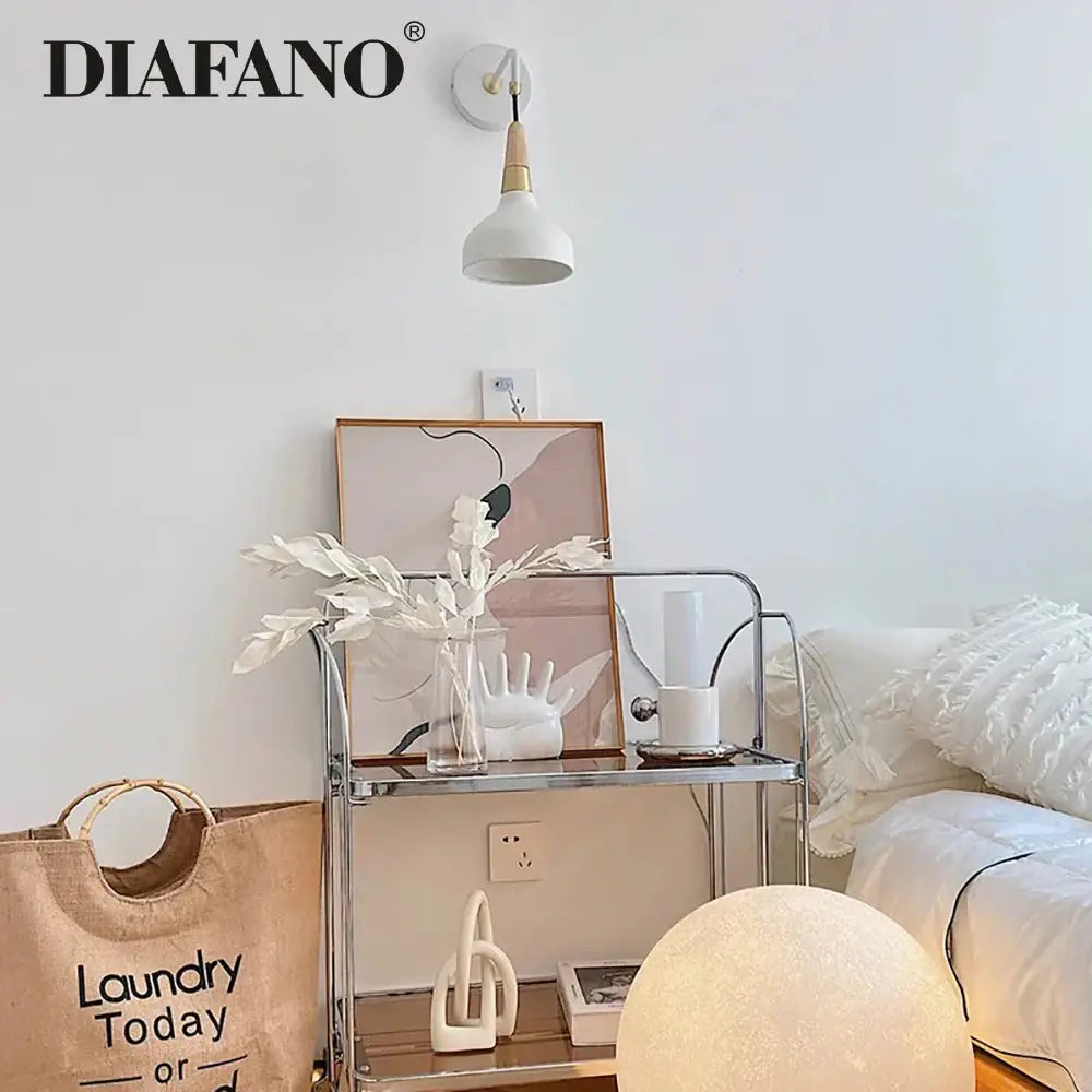 Vintage white ceramic wall lamp with wood accent bedroom light