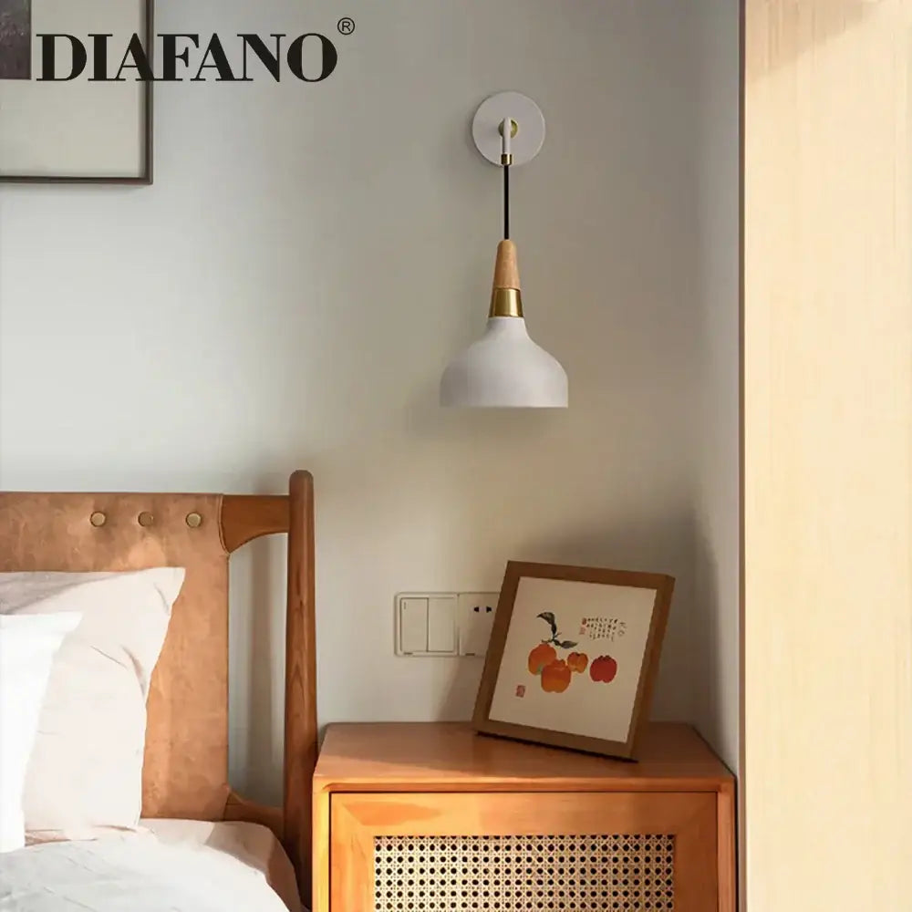Vintage white ceramic wall lamp with wood accent bedroom light