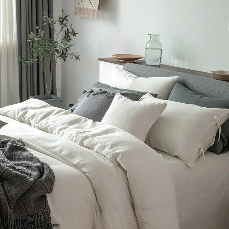 Vintage white & gray linen bedding set – bedroom duvet textiless