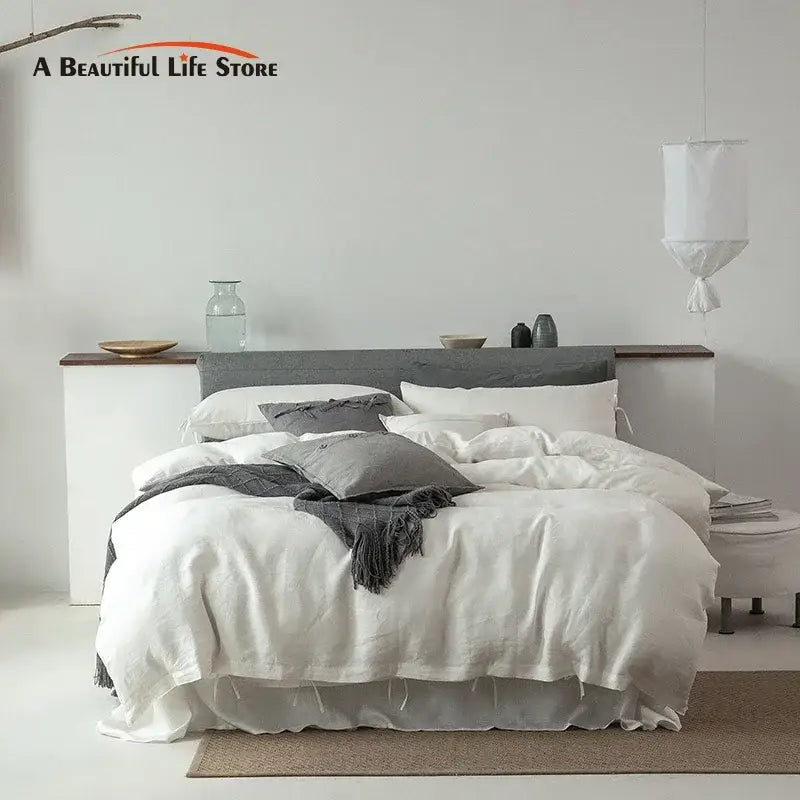 Vintage white & gray linen bedding set – bedroom duvet textiless