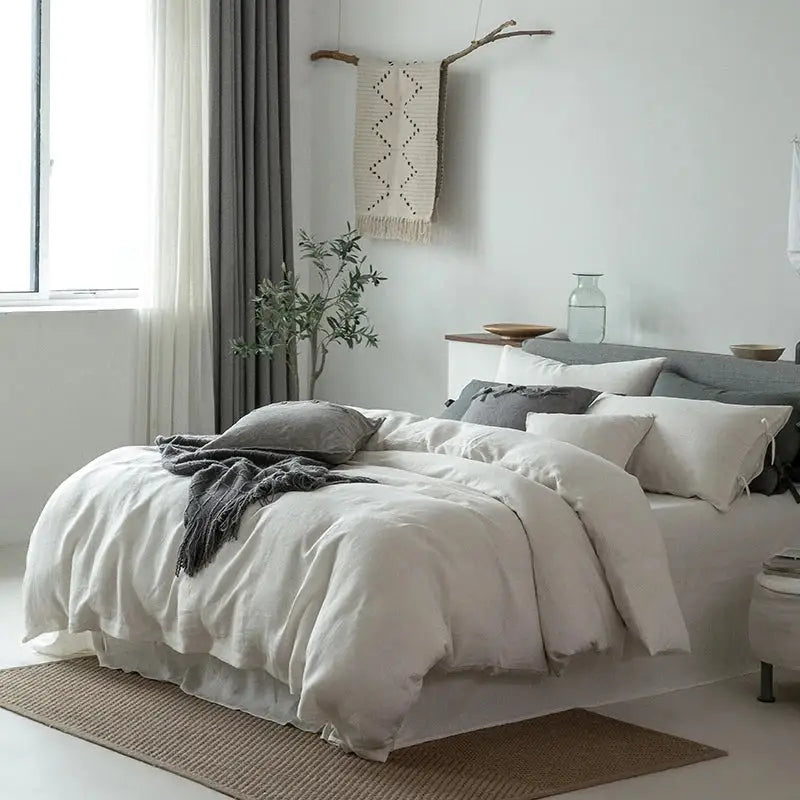 Vintage white & gray linen bedding set – bedroom duvet textiless