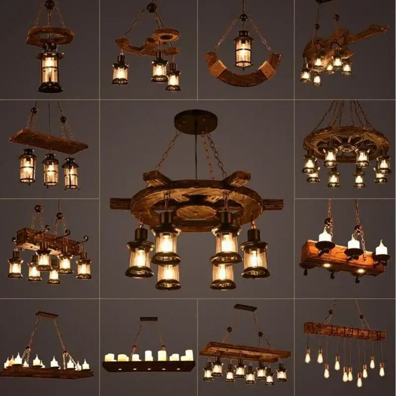 Vintage wood ceiling chandelier dining room lantern pendant light