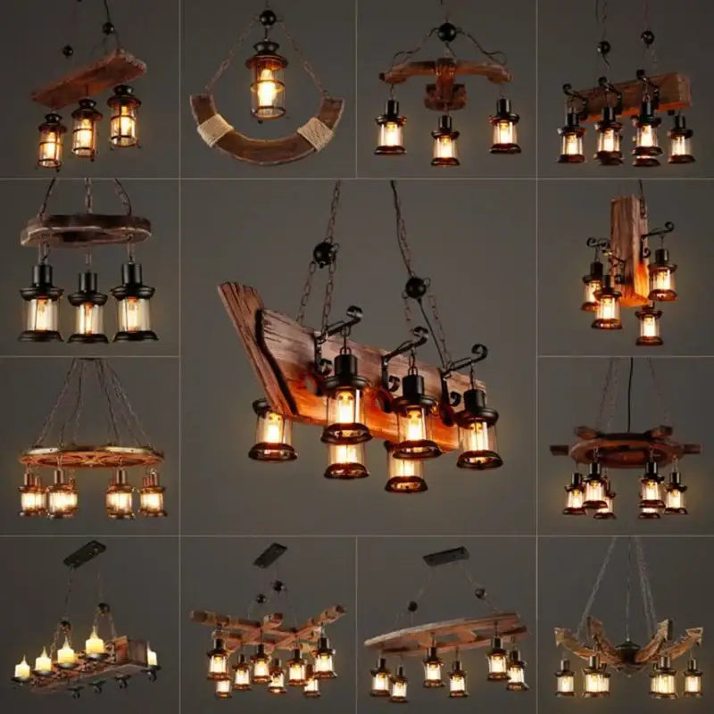 Vintage wood ceiling chandelier dining room lantern pendant light