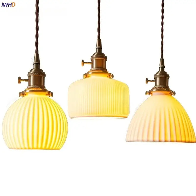 Vintage yellow ribbed glass led pendant lights for kitchen dining room